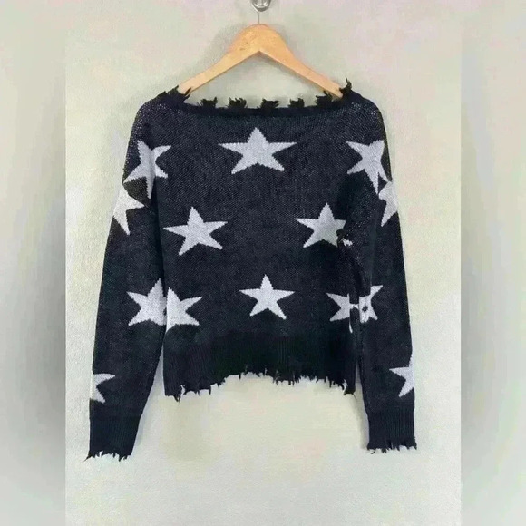 Vigoss Black and White Stars Raw Hem V Neck Sweater XS - Picture 5 of 10
